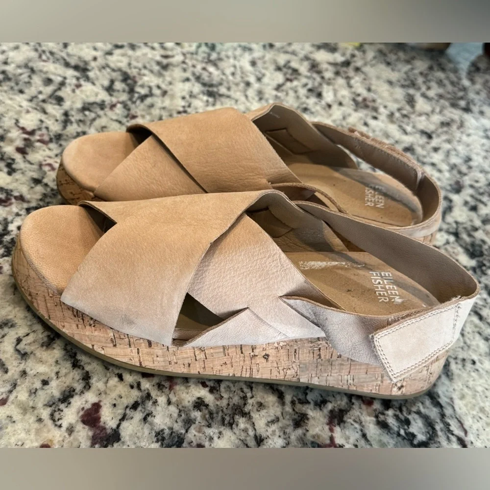 Eileen Fisher Tan CrissCross Strap Velcro Sling back Wedge Sandals - size 8 1/2